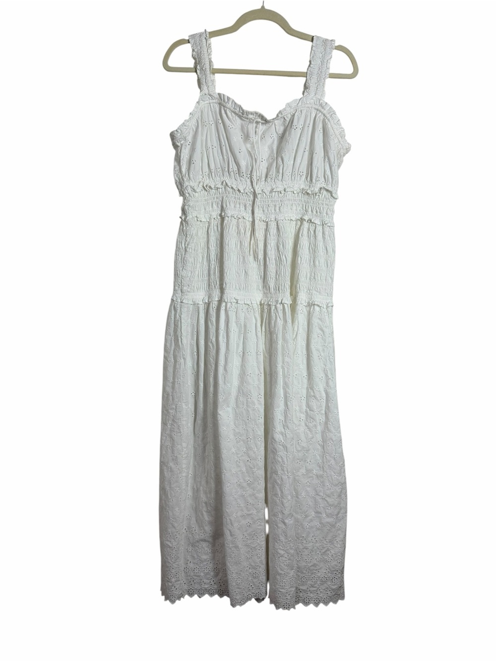 GAP x DÔEN Eyelet Midi Dress White Smocked Cotton Tiered Large NWT - Picture 5 of 10